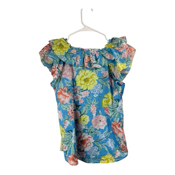 LOFT Size XSP Blue Double Layer Floral Top Ruffle Sleeveless Romantic Cottage - Picture 2 of 7